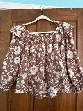 Free people Floral Off-Shoulder Peasant Top - Brown/White